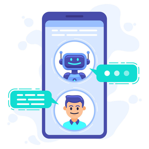 Chatbot-Kommunikation. Smartphone-Chat mit Gesprächsbot, Chat-Assistent-Bot am Handy-Bildschirm, Roboter-SMS-Dialogvektorillustration - Vektor, Bild