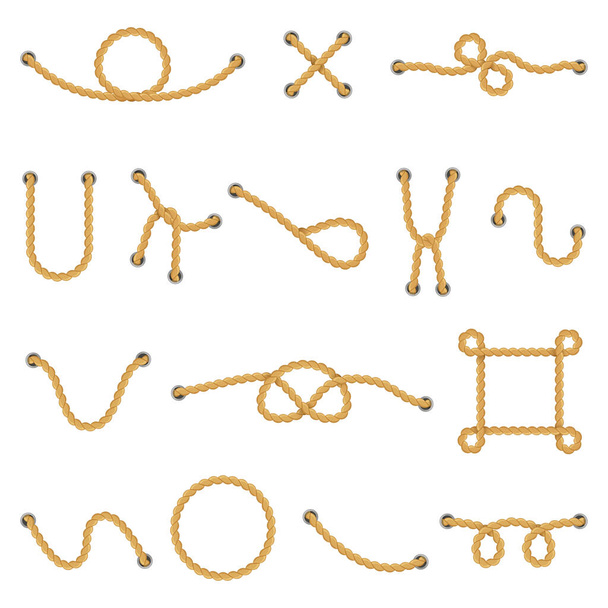 Nodi di corda. Marine navy nodi cordage, cornice decorativa corda, divisore e nodo nautico vettoriale isolato illustrazione icone set - Vettoriali, immagini