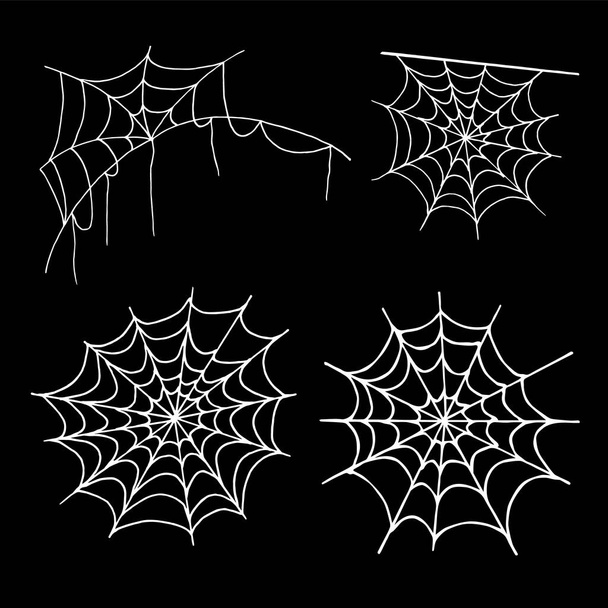 Örümcek ağı koleksiyonu, siyah arkaplanda izole edilmiş. Cadılar Bayramı örümcek ağı seti. Cadılar Bayramı dekorasyonu için el çizimi ikonlar. Çizim tarzında satır sanatı. - Vektör, Görsel