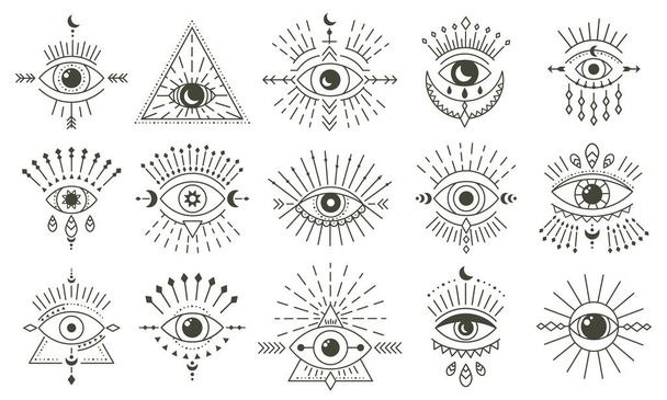 Διαβολικό μάτι. Χειροποίητο μαγικό φυλαχτό ματιών μαγείας, μαγικά εσωτερικά μάτια, θρησκευτικά ιερά γεωμετρικά σύμβολα διάνυσμα εικονογράφηση εικονίδια σύνολο - Διάνυσμα, εικόνα