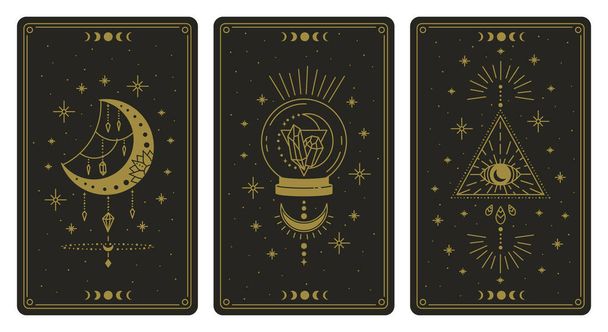 魔法のタロットカード。魔法のオカルトタロットカード、密教boho精神的なタロットリーダームーン、クリスタルと魔法の目のシンボルベクトルイラストセット - ベクター画像