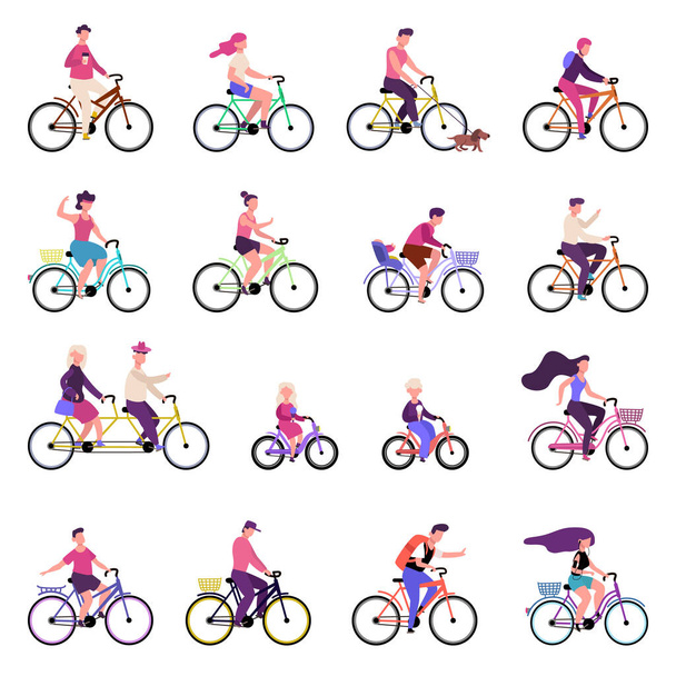 Bicikliző emberek. Szabadtéri tevékenységek, kerékpárosok csoportja, kerékpározás, aktív család egészséges életmód vektor illusztráció készlet - Vektor, kép