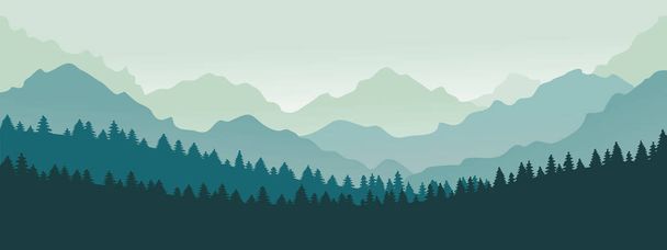 Панорама гор. Горный ландшафт лесного массива, голубые горы и сумерки, векторная иллюстрация векторного ландшафта кемпинга
 - Вектор,изображение