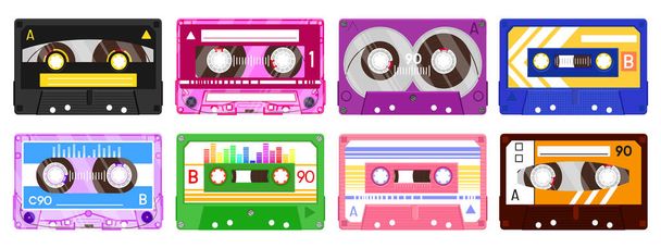 Gravação de áudio. Retro cassete de música dos anos 90, cassete de áudio vintage mix de música, fita de áudio dos anos 80 conjunto de ícones de ilustração vetorial isolado
 - Vetor, Imagem