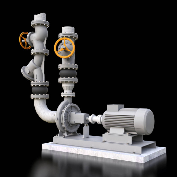 3D модель промышленного насоса и секции труб с запорными клапанами на черном изолированном фоне. 3d иллюстрация
 - Фото, изображение