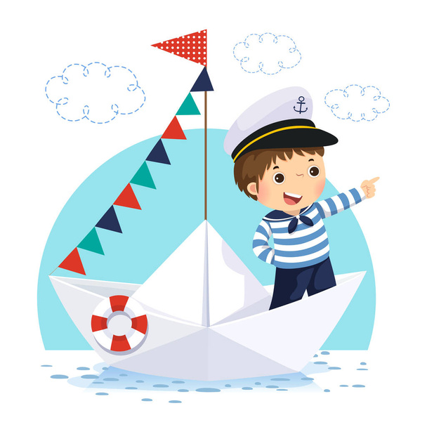 Kağıttan bir teknede duran denizci kostümlü küçük çocuğun vektör çizimi. - Vektör, Görsel