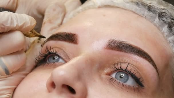 Uma máquina de tatuagem de agulha especial faz a correção de maquiagem permanente de sobrancelhas de mulheres jovens. Um pigmento de tinta escura é injetado sob a pele. Microblading, pulverização de pó de perto
 - Filmagem, Vídeo