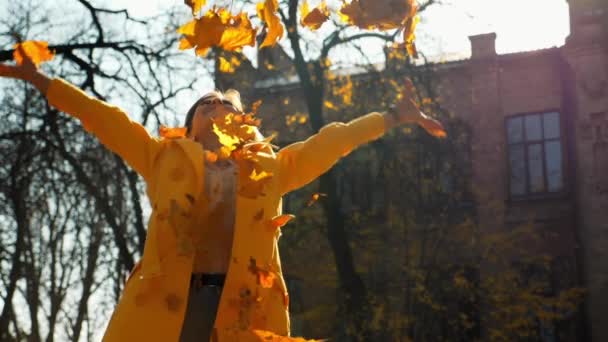 Boldog nő köpenyben feldobja a sárga leveleket egy őszi parkban és mosolyog. - Felvétel, videó