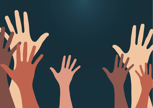 Les gens lèvent la main, votent avec leurs mains. Le concept de multinationalité, de diversité, d'union et de pouvoir. Volontariat, charité, dons et solidarité. Vecteur - Vecteur, image