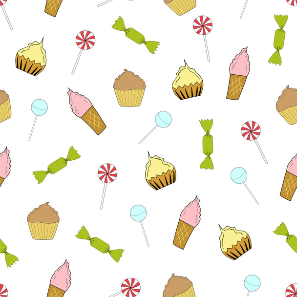 varrat nélküli textúra cupcakes, fagylaltot és cukorkát - Vektor, kép