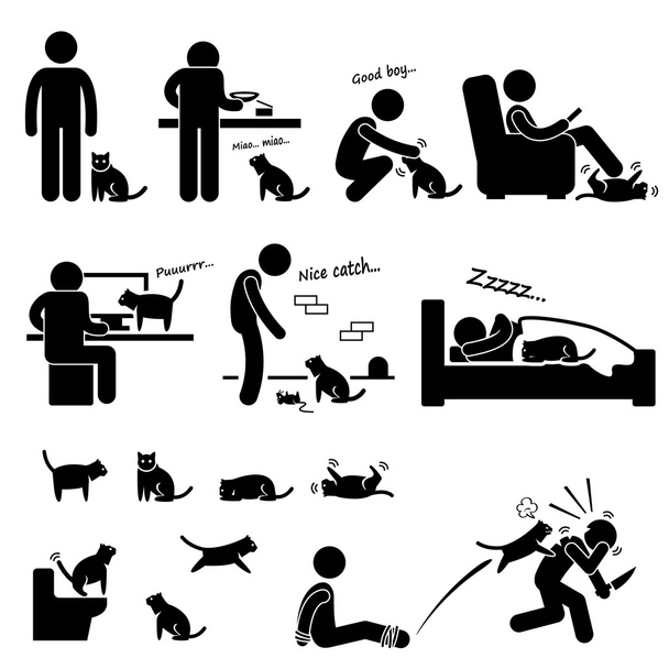 Man en kat relatie huisdier stok figuur Pictogram pictogram - Vector, afbeelding