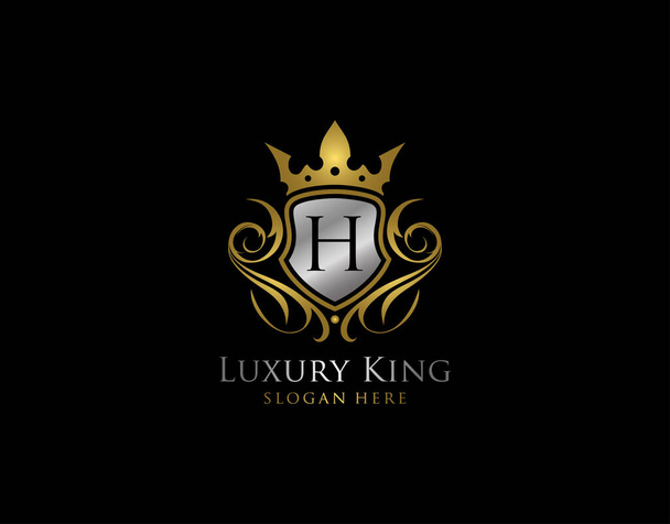 Λογότυπο χρυσό γράμμα H ασπίδας πολυτελείας, χρυσό σύμβολο προστασίας H κλασικό - Διάνυσμα, εικόνα