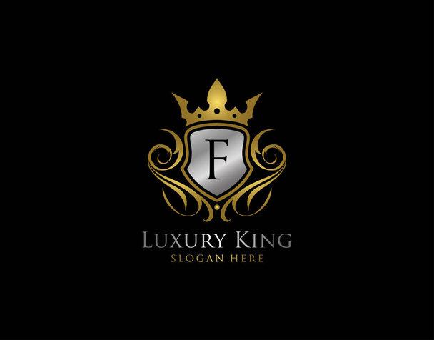 Logo d'or de lettre du bouclier F de luxe, symbole de protection classique d'or F - Vecteur, image