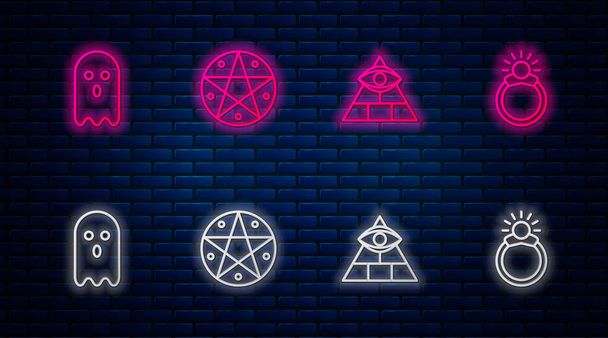 Establecer línea Pentagrama en un círculo, Masones, Fantasma y anillo de piedra mágica con gema. Icono de neón brillante en la pared de ladrillo. Vector
. - Vector, imagen