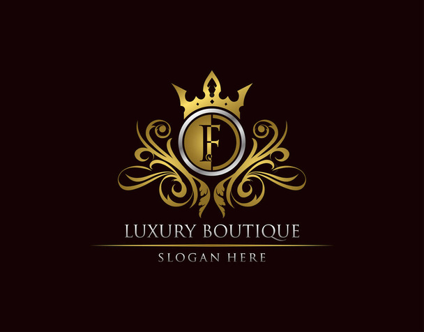 Luxury Boutique F Letter Logo, Circle Gold Crown F Classic Bagde suunnittelu. - Vektori, kuva