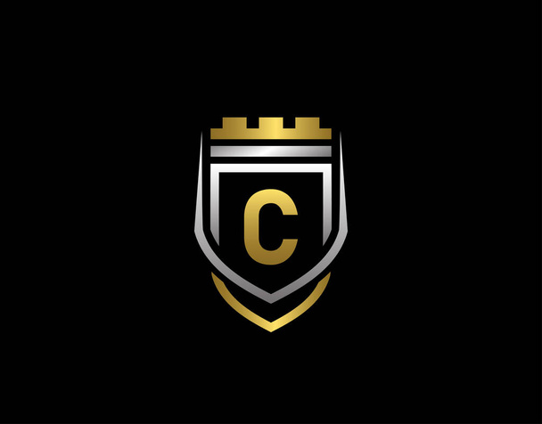 Kultainen heraldinen C-kirjaimen monogrammi. Tyylikäs retro minimaalinen kilpi muoto. Crown, Castel, Kingdom Logo Design. - Vektori, kuva