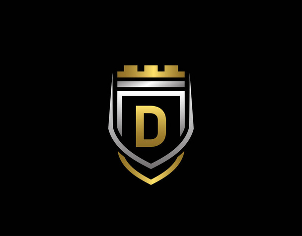 Gold heraldisches D-Buchstabenmonogramm. Elegante Retro Minimal Shield Shape. Krone, Castel, Kingdom Logo Design. - Vektor, Bild