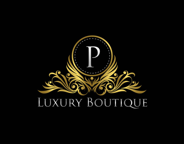 Luxus arany Boutique Logo Vector Design. Prémium arany Bagde P levél ikon.  - Vektor, kép