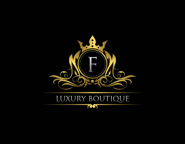 Luxe Royal King F Letter Crest Gold Logo sjabloon - Vector, afbeelding