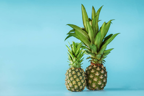 Owoce ananasa wyizolowane na niebieskim tle. Koncepcja zdrowego stylu życia. - Zdjęcie, obraz
