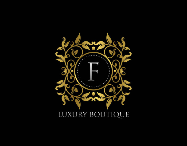 F Carta Boutique de lujo, Beautidul Flourish Gold Logo plantilla
 - Vector, Imagen