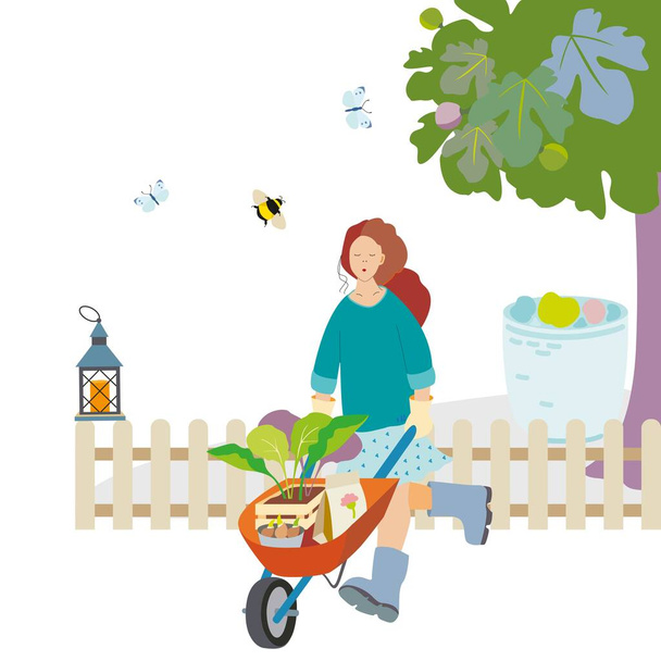    Illustrazione sul tema del giardinaggio. Giardino con una carriola e una ragazza. Lavoro e riposo in giardino.  - Vettoriali, immagini