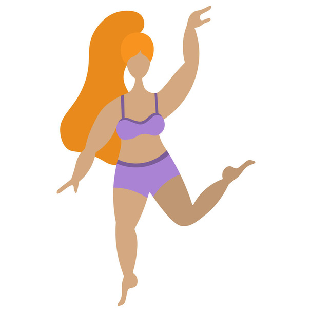 Body positive. Vector illustration. Model plus size. Redhead girl dancing. Isolated white background. Confident woman in sportswear. Flat style. Love for your body. Lady with her hair pulled back. Web design. Hair is pulled back in a ponytail. - Vecteur, image