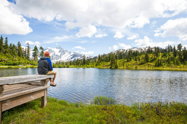 Scenic Picture lake with mount Shuksan reflection in Washington, USA - Photo, Image