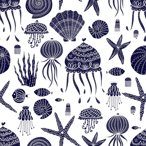  Schattig naadloos patroon met kwallen, schelpen, vissen, zeesterren en algen. - Vector, afbeelding
