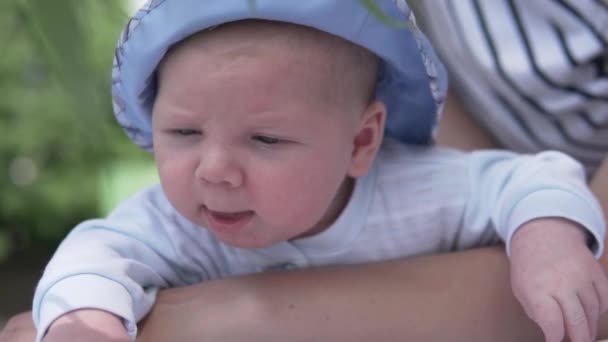 Een moeder houdt een kleine baby in haar armen tijdens een wandeling in het park - Video