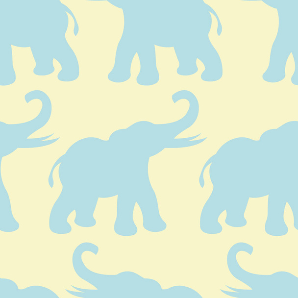 Nahtloses Muster mit Silhouetten blauer Elefanten auf gelbem Hintergrund. Design geeignet für Tapeten, Textilien, Bettwäsche, Druck auf T-Shirts und Kleidung, Verpackungsprodukte. Vektoraktie - Vektor, Bild