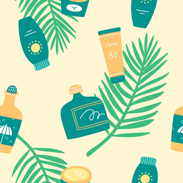 Bunte Sonnenschutzmittel und Palmblätter mit nahtlosem Muster auf pastellgelbem Hintergrund. Flache Vektorillustration im Cartoon-Stil. - Vektor, Bild