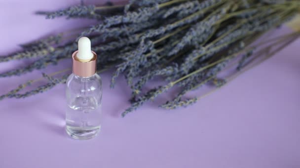 Bouquet d'huile essentielle de lavande et de lavande sur fond violet, Bouteille compte-gouttes en verre maquillée - Séquence, vidéo