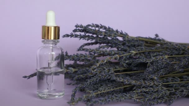 Lavender essential oil, drop falls from cosmetic pipette and lavender bouquet on violet background - Footage, Video