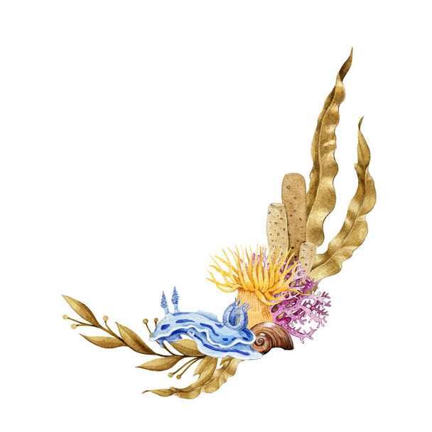 Φωτεινά κοράλλια και κοραλλιογενής ύφαλος. Χειροποίητη ακουαρέλα Εικονογράφηση θαλάσσιων ζώων. Θάλασσα γυμνοσάλιαγκας με κοραλλιογενή ύφαλο πλάσματα και φύκια πολύχρωμο διακοσμητικό μπουκέτο σε λευκό φόντο - Φωτογραφία, εικόνα
