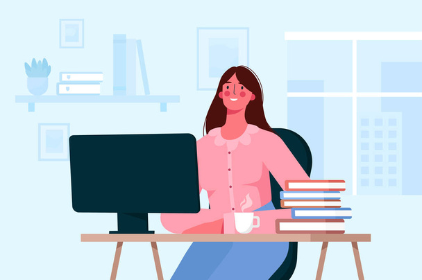 Online εκπαίδευση ή έννοια της απομακρυσμένης εργασίας. Μαθητεία μαθητών, που εργάζονται online στο σπίτι. Γυναίκα κάθεται στο γραφείο, κοιτάζοντας οθόνη υπολογιστή και μελέτη. Βιβλία και τετράδια. Επίπεδη διανυσματική απεικόνιση - Διάνυσμα, εικόνα