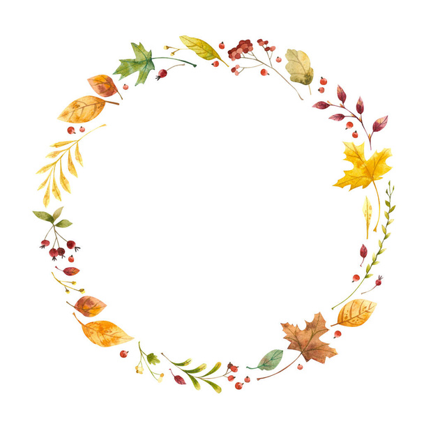 Autumn leaves watercolor decorative round frame. Retro fall foliage with red guelder berries. Seasonal botanical wreath with copyspace. Tree twigs composition empty postcard, banner template - Photo, Image