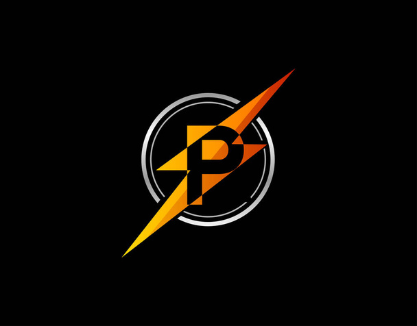 Logo literowe Flash P. Kreatywna ikona stworzona z ujemnej przestrzeni początkowej P w połączeniu z projektowaniem kształtu grzmotu. - Wektor, obraz