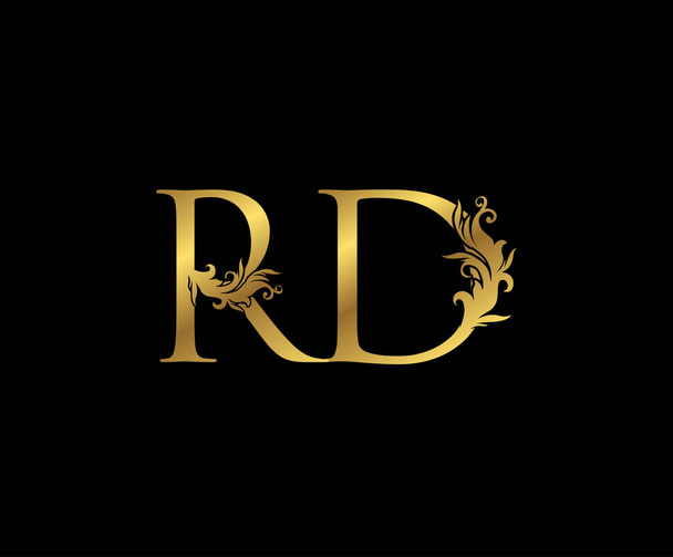 Ročník Gold R, D a RD Letter Květinové logo. Klasický kreslený znak pro knižní design, plevel, značka, vizitka, restaurace, butik, hotel.  - Vektor, obrázek