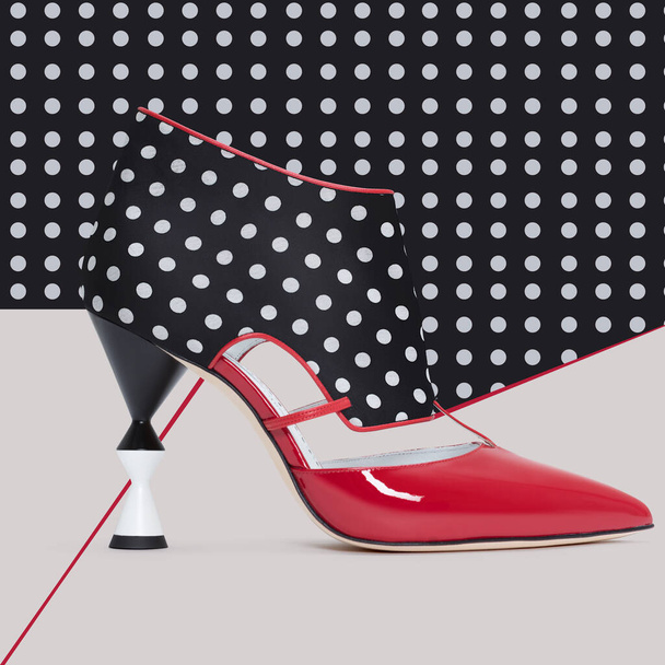 Luxury unusual beautiful shoes made of leather and silk high-heeled shoes, black with white dot, red toe, the background is combined with the colors of the shoes, shoe advertising, banner, mock-up - Φωτογραφία, εικόνα
