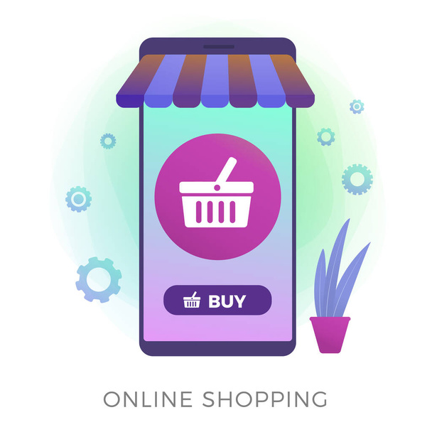 Online αγορές διάνυσμα επίπεδη εικονίδιο. Smartphone ως ένα e-shop παράθυρο έννοια. Mobile Application Concept, Internet Digital marketing με εικονίδιο καλαθιού και κουμπί αγοράς απομονωμένο σε λευκό φόντο - Διάνυσμα, εικόνα