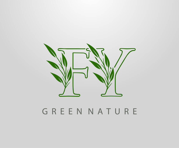 Vihreä Nature Leaf Letter F, Y ja FY Logo Design. monogrammin logo. Yksinkertainen pyörre vihreät lehdet aakkoset kuvake. - Vektori, kuva