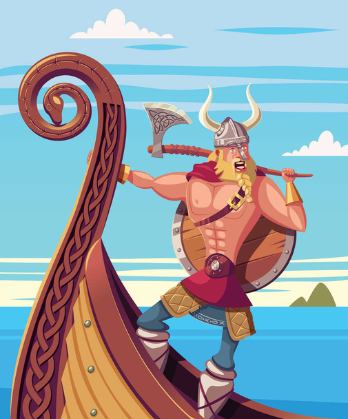 Viking warrior on the bow of a ship - Vector, Image