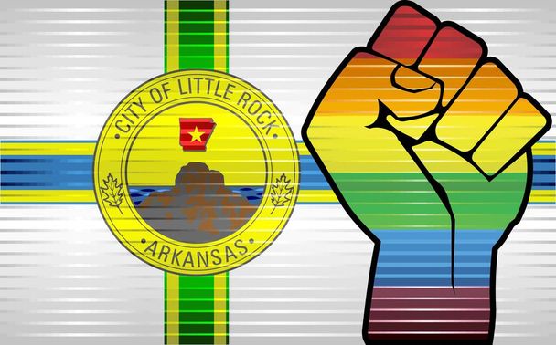 Glänzende LGBT-Protestfaust auf einer Little Rock Flagge - Illustration, abstrakte Grunge Little Rock Flagge und LGBT Flagge - Vektor, Bild