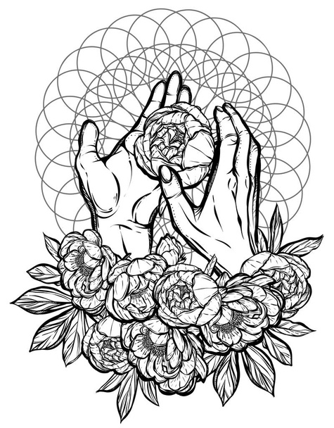 Vector illustration. Peonies in the hands, prints on T-shirts, tattoos, background white. Handmade - Вектор,изображение