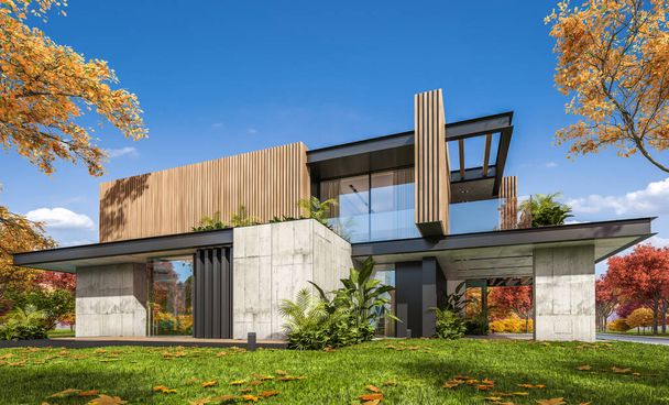 3d rendering of modern cozy house with parking and pool for sale or rent with wood plank facade and beautiful landscaping on background. Clear sunny autumn day with golden leaves anywhere. - Foto, imagen