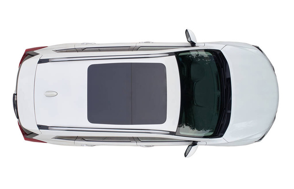 Nowoczesny biały samochód dostawczy z dachem odizolowanym nad górnym widokiem drona - Zdjęcie, obraz