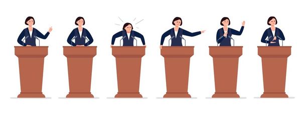 A female politician has a speech on the tribune. Different emotions of a political candidate. Public speaking concept. Vector character in cartoon style. - Vector, Image