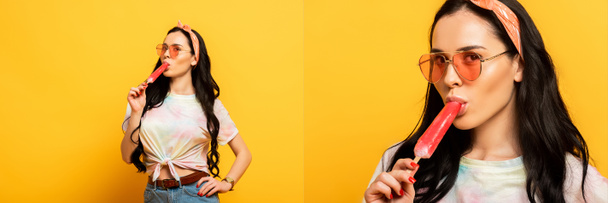 collage of stylish summer brunette girl eating ice cream on yellow background, panoramic shot - Foto, afbeelding
