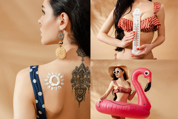 Collage einer sexy tätowierten brünetten Frau im gestreiften Badeanzug mit aufblasbarem Flamingo und Thermometer auf beigem Hintergrund - Foto, Bild
